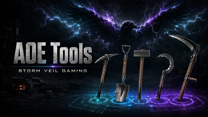 AOE Tools key art showing a pickaxe, shovel, hammer, sickle and scythe